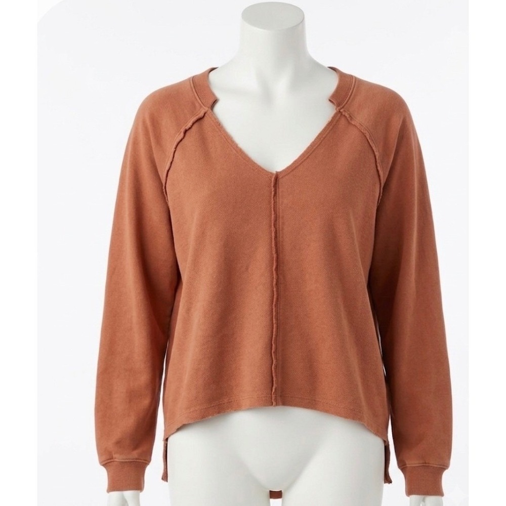 Bohme Women Clay Terracotta Raw Edge V-Neck High Low Sweatshirt Size M